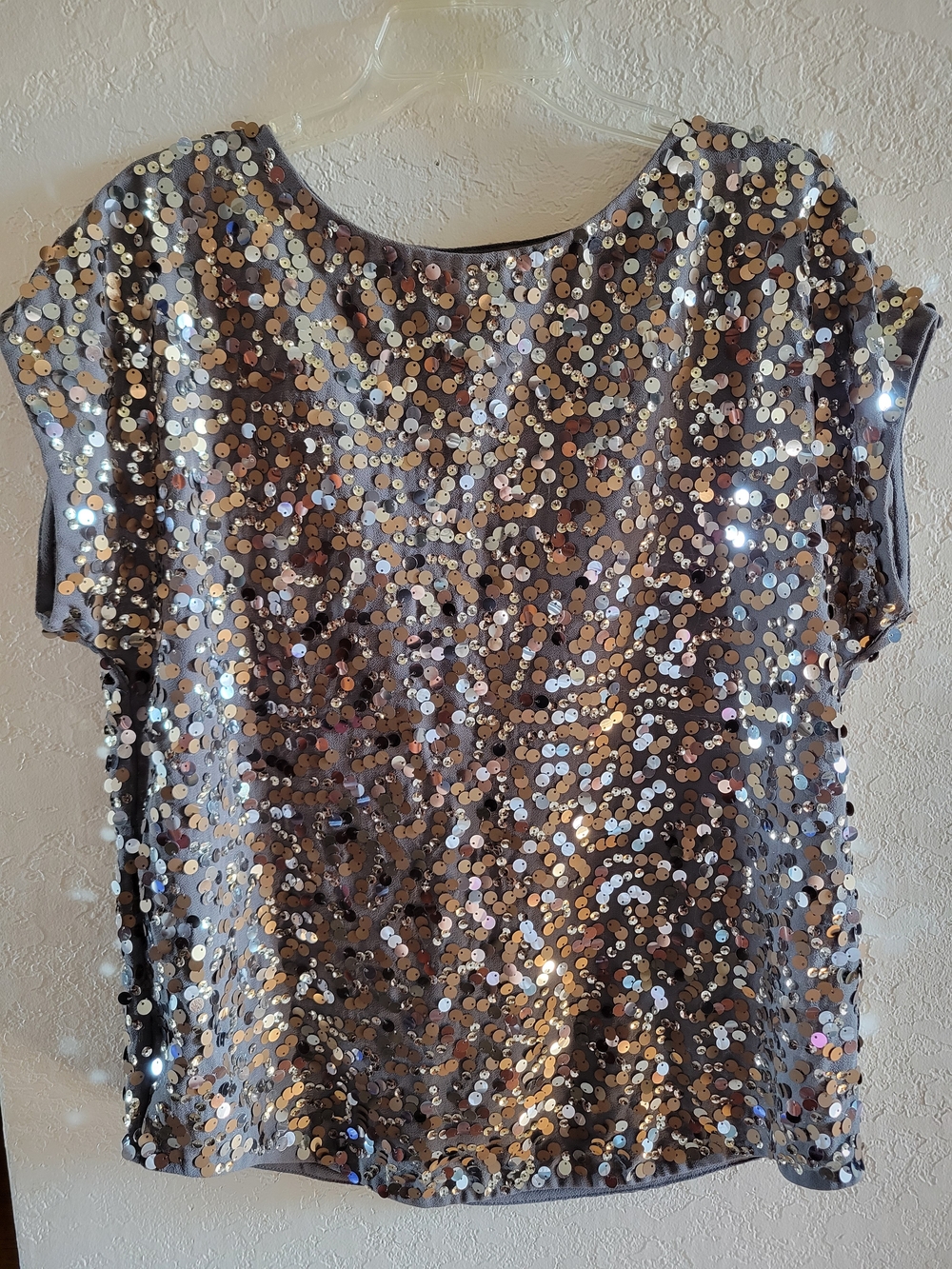 WD.NY Silver Sequin Short Sleeve Scoop Neck Top